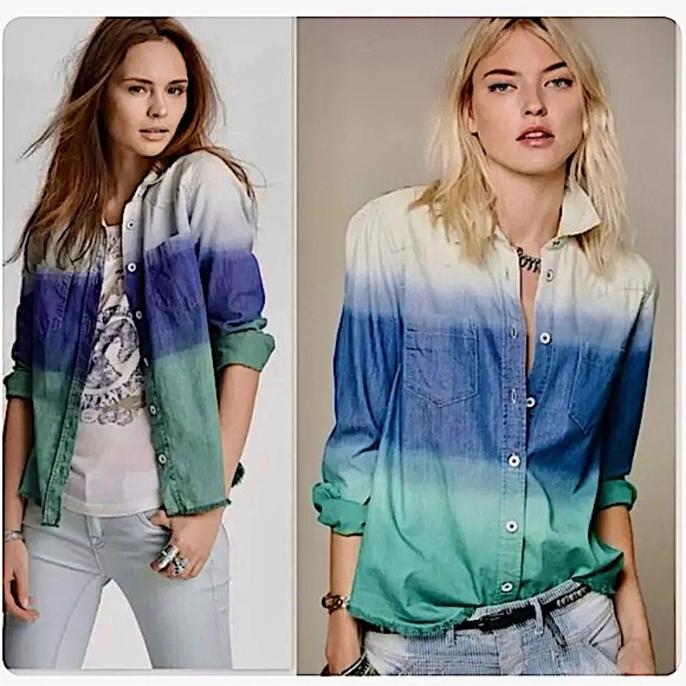 Free People Before Sunrise Ombré Button Down Shirt Blue/Green Size Small - Picture 2 of 13